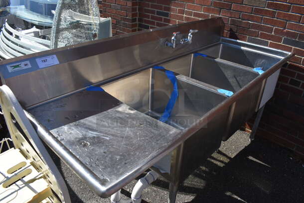 Stainless Steel Commercial 3 Bay Sink w/ Dual Drainboards and Handles. 79x30x43. Bays 18x24x14. Drainboards 16x26x1 - Image 2 of 6