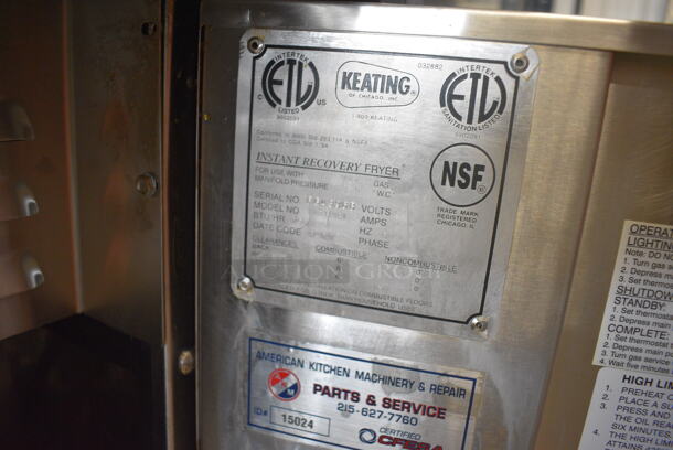 Keating Model 14TFMRI Stainless Steel Commercial Floor Style Natural Gas Powered 3 Bay Instant Recovery Deep Fat Fryer w/ Filtration System and 6 Metal Fry Baskets on Commercial Casters. 46x31.5x55 - Image 6 of 12