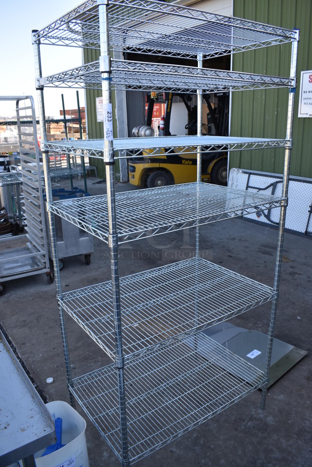 Chrome Finish 6 Tier Wire Shelving Unit. BUYER MUST DISMANTLE. PCI CANNOT DISMANTLE FOR SHIPPING. PLEASE CONSIDER FREIGHT CHARGES. 36x24x74.5