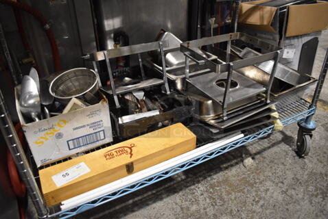 ALL ONE MONEY! Tier Lot of Various Items Including Chafing Dish Frames, Brew Basket, Utensils and Pig Tail Food Flipper 