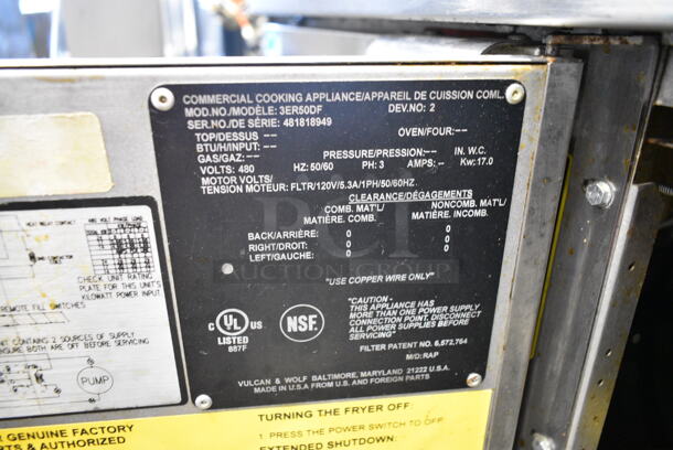 Vulcan 3ER50DF Stainless Steel Commercial Floor Style Electric Powered 3 Bay Deep Fat Fryer on Commercial Casters. 480 Volts, 3 Phase.  - Image 9 of 11