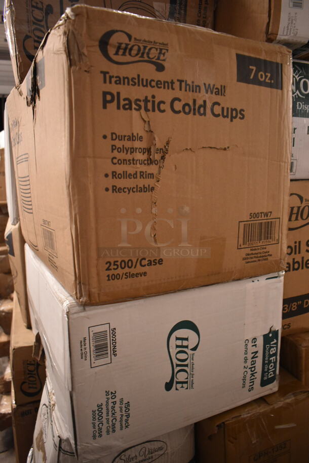 PALLET LOT of 35 BRAND NEW Boxes Including 795PTOKFT2 Choice 7 3/4" x 5 1/2" x 2" Kraft Microwavable Folded Paper #2 Take-Out Container - 200/Case, 5 Box 395RP09 EcoChoice Compostable Sugarcane, 966TALLFLDN Choice Kraft Natural Tall-Fold 6" x 13" Dispenser Napkin - 8000/Case, 612OB15LBD Choice 1.5 lb. Oblong Deep Foil Take-Out Container - 500/Case, 347RPBD10WHS PLATE 10" WH/SLV BAND 120 SILVER VISIONS, 130CLKFSNSPH Visions 10" White Plastic Plate with Silver Bands - 120/Case, 500TW7 Choice 7 oz. Translucent Thin Wall Plastic Cold Cup - 2500/Case, 5002DNAP Choice White 2-Ply Dinner Napkin 17" x 15" - 3000/Case, 2 Box 394365L Noble Products Powder-Free Disposable Clear Vinyl Gloves for Foodservice - Large - 1000/Case. 35 Times Your Bid! - Image 11 of 12