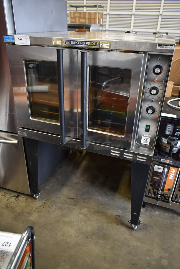 Bakers Pride BCO-E1 Cyclone Stainless Steel Commercial Electric Powered Full Size Convection Oven w/ View Through Doors, Metal Oven Racks and Thermostatic Controls on Metal Legs. 208 Volts, 1 Phase.