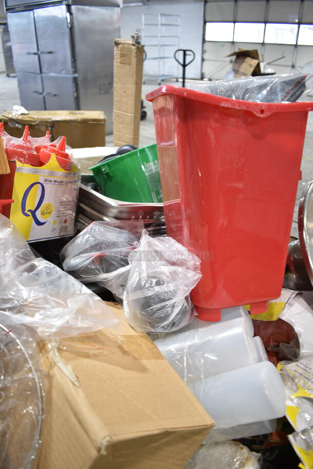 PALLET LOT of 18 BRAND NEW! Boxes Including Dishers, Winco High Chair, Aprons, Poly Condiment Bottles, Stainless Steel Drop In Bins, SCAL-9100 9" Dial Scale, AXSI-12, Winco Aluminum Steam Basket, Winco IB-55-LE Lid. 18 Times Your Bid! - Image 10 of 12