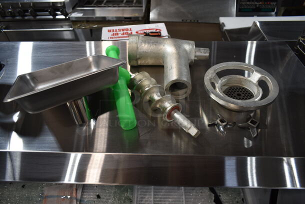 BRAND NEW SCRATCH AND DENT! Metal Commercial Meat Grinder Attachment w/ Tray and Pusher. See Pictures for Crack on Underside - Image 2 of 8