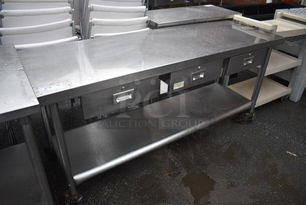 Stainless Steel Table w/ 3 Drawers and Stainless Steel Under Shelf on Commercial Casters. 72x24x34.5