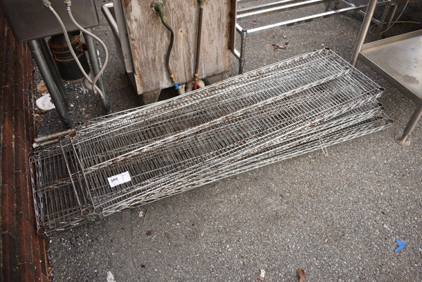 ALL ONE MONEY! Lot of 8 Chrome Finish Wire Shelves and 8 Poles. Includes 60x18x1.5, 72x18x1.5