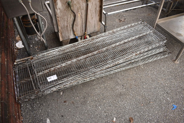 ALL ONE MONEY! Lot of 8 Chrome Finish Wire Shelves and 8 Poles. Includes 60x18x1.5, 72x18x1.5 - Image 1 of 3