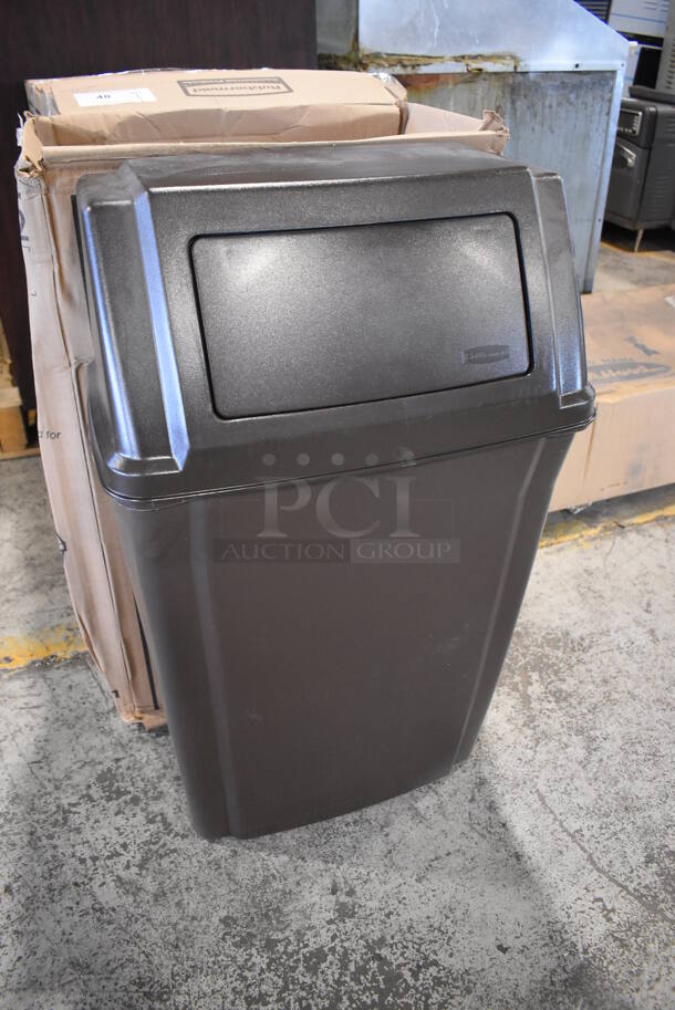 BRAND NEW IN BOX! Rubbermaid 7822 Brown Poly Profile Container 15 Gallon Slim Jim Wall Mountable Fire Resistant Trash Can. 20x11x34 - Image 4 of 7