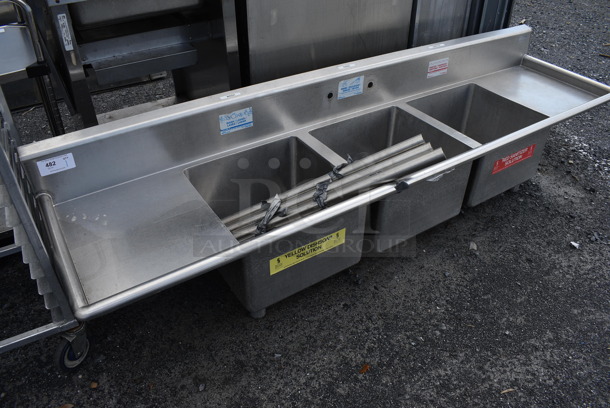 Stainless Steel Commercial 3 Bay Sink w/ Dual Drainboards and Legs. 94x23x22. Legs 34