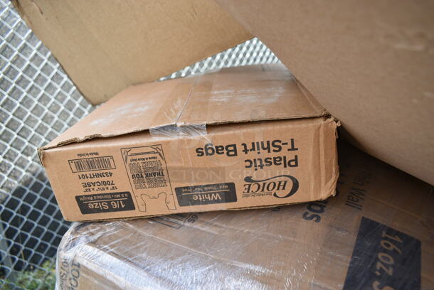 PALLET LOT of 20 BRAND NEW Boxes Including 347SLWG12A Visions 12 oz. Heavy Weight Clear Plastic Stemless Angled Wine Glass - 64/Case, 394365XL Noble Products Powder-Free Disposable Clear Vinyl Gloves for Foodservice - Extra Large - 1000/Case, 129MCR32B Choice 32 oz. Black Round Microwavable Heavy Weight Container with Lid 7 1/4" - 150/Case, 795PTOWHT1 Choice White Microwavable Folded Paper #1 Take-Out Container 4 3/8" x 3 1/2" x 2 1/2" - 450/Case, 126MF993B3C Ecopax 9" x 9" 3-Compartment Microwaveable Black Mineral-Filled Plastic Hinged Take-Out Container - 150/Case, 500CC16HW Choice Heavy Weight 16 oz. Clear Plastic Cold Cup - 1000/Case, Dart C53PST1 ClearSeal Hinged Lid Plastic Container 5 3/8" x 5 1/4" x 2 5/8" - 500/Case, 500TW16S Choice 16 oz. Translucent Thin Wall Squat Plastic Cold Cup - 1000/Case, 433NHT101 Choice 1/6 Standard Size White "Thank You" Standard-Duty Plastic T-Shirt Bag - 700/Case, 164VYCHAIRBK Lancaster Table & Seating Vineyard Series Smokey Black Outdoor Cross Back Chair, 127CH08F Choice 8 oz. Clear RPET Tall Hinged Deli Container - 200/Case, 5002CPTE Lavex 2-Ply White Center Pull Economy Paper Towel Roll, 500 Sheets / Roll - 6/Case, 394365M Noble Products Powder-Free Disposable Clear Vinyl Gloves for Foodservice - Medium - 1000/Case. 20 Times Your Bid!  - Image 12 of 12