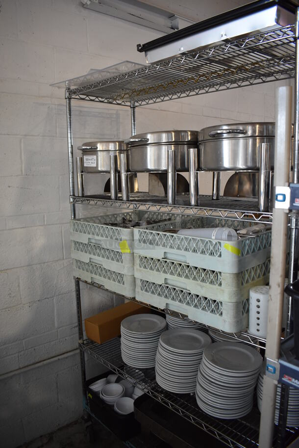 ALL ONE MONEY! Lot of Contents of Shelving Unit Including Chafing Dishes, Dish Caddies, Ceramic Plates, Bowls, Silverware. Does Not Include Shelving Unit.  - Image 1 of 12