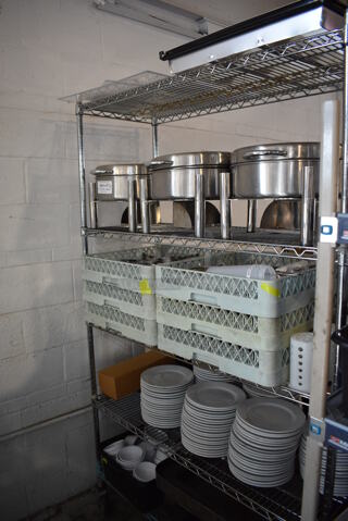 ALL ONE MONEY! Lot of Contents of Shelving Unit Including Chafing Dishes, Dish Caddies, Ceramic Plates, Bowls, Silverware. Does Not Include Shelving Unit. 