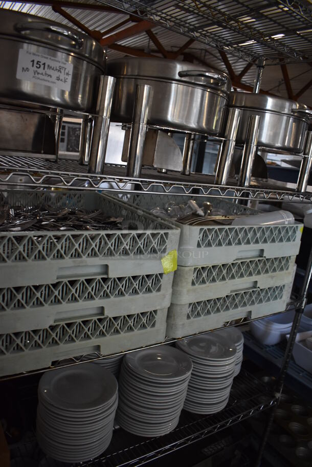 ALL ONE MONEY! Lot of Contents of Shelving Unit Including Chafing Dishes, Dish Caddies, Ceramic Plates, Bowls, Silverware. Does Not Include Shelving Unit.  - Image 2 of 12