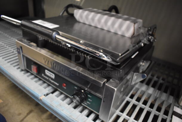 BRAND NEW! Waring Supremo WPG250 Stainless Steel Commercial Countertop Grooved Top & Bottom Panini Sandwich Grill. 120 Volts, 1 Phase. 20x19x9. Tested and Working! - Image 5 of 6