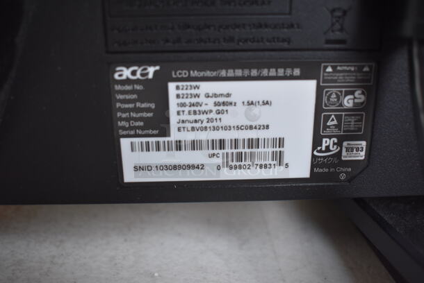 2 Acer B223W B 22" Computer Monitors. 100-240 Volts, 1 Phase. 2 Times Your Bid! - Image 7 of 7