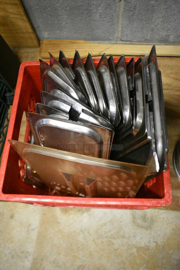 ALL ONE MONEY! Lot of Various Items Including Stainless Steel Cylindrical Drop In Bins, Stainless Steel Drop In Bin Lids, Metal Stock Pot. (basement)  - Image 7 of 7