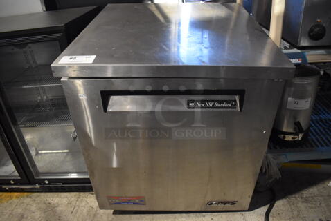 Turbo Air TUR-28SD Stainless Steel Commercial Single Door Undercounter Cooler on Commercial Casters. One Caster Needs To Be Reattached. 115 Volts, 1 Phase. 27.5x30x34. Tested and Powers On But Temps at 52 Degrees