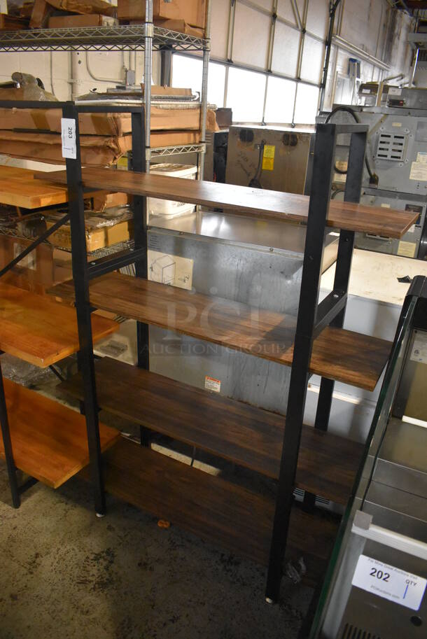 Shelving Unit w/ 4 Wooden Shelves and Black Metal Frame. 42x13x56
