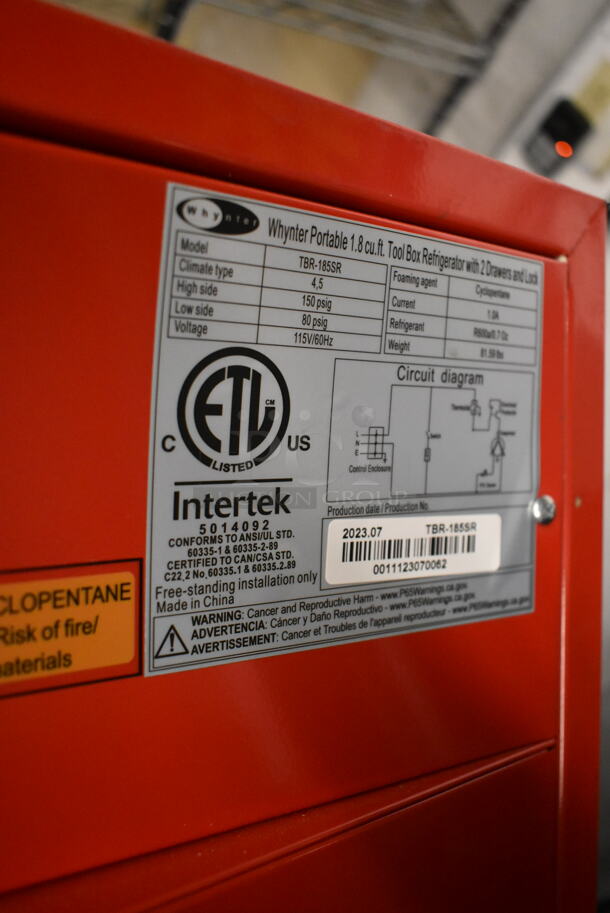 BRAND NEW SCRATCH AND DENT! Whynter TBR-185SR Metal Portable 1.8 cu.ft. Tool Box Refrigerator with 2 Drawers. 115 Volts, 1 Phase. Tested and Working! - Image 9 of 9