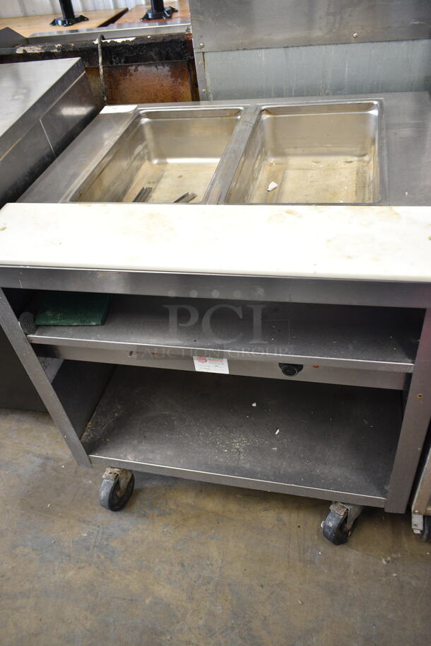 Delfield EHEI36C-C Stainless Steel Commercial 2 Well Steam Table w/ Under Shelf on Commercial Casters. 208-230 Volts, 1 Phase. - Item #1114607