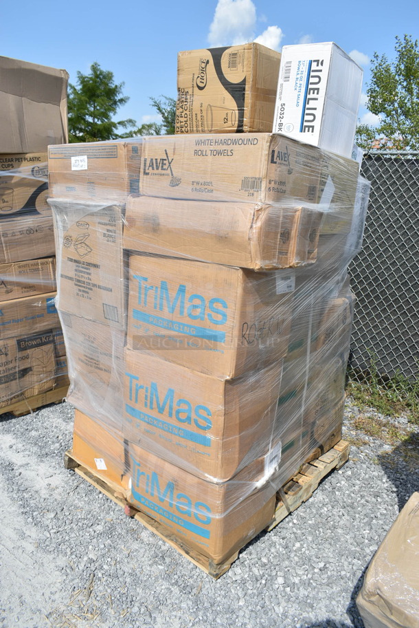 PALLET LOT of 31 BRAND NEW Boxes Including 95HT1R Dart 95HT1R 9 1/2" x 9" x 3" White Foam Square Take Out Container with Hinged Lid - 200/Case, 626NSL Solo 626NSL Prima PET Plastic Cold Cup Strawless Lid - 1000/Case, 433TRAYT0608 EcoChoice 8" x 6" Molded Fiber / Pulp Rectangular Tray - 500/Case, 451204C Polar Tech Thermo Chill Insulated Shipping Box with Foam Container 8" x 6" x 4 1/4" - 12/Case, 50012W Choice 12 oz. White Poly Paper Hot Cup - 1000/Case, 500MFT Lavex White M-Fold (Multifold) Towel - 4000/Case, 394365XL Noble Products Powder-Free Disposable Clear Vinyl Gloves for Foodservice - Extra Large - 1000/Case, 2 Box 182RRF14 Choice 10" x 14" Plastic Food Bag On A Roll - 1000/Case, 347WG2P5 Visions 5 oz. Heavy Weight Clear 2-Piece Plastic Wine Goblet - 360/Case, 3 Box 500CC07 Choice 7 oz. Clear PET Plastic Cold Cup - 1000/Case, 4 Box 395TO961 EcoChoice 9" x 6" x 3" Compostable Sugarcane / Bagasse 1 Compartment Take-Out Container - 200/Case, 5001RT800B Lavex 8" White Hardwound Paper Towel, 800 Feet / Roll - 6/Case. 31 Times Your Bid!  - Image 1 of 12