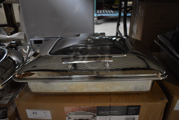 BRAND NEW IN BOX! Acopa 407IND8CHAF Stainless Steel Countertop 8 Quart Rectangular w/ Glass Top Induction Chafer. 23x17x8