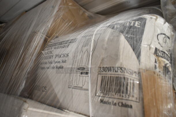 PALLET LOT of 15 BRAND NEW Boxes Including 1287080COMBOKIT 2.7 Qt. Translucent Round Deli Container and Lid Combo Pack - 10/Pack, 2 Box 130WKFSNSPH Visions Individually Wrapped Heavy Weight White Plastic Cutlery Pack with Napkin and Salt and Pepper Packets - 500/Case, Tork Bath Tissue Roll. 15 Times Your Bid! - Image 4 of 8