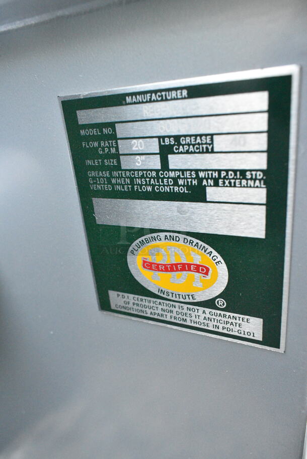 BRAND NEW SCRATCH AND DENT! Regency 600GT20 40 lb. 20 GPM Grease Trap with 3" Non-Threaded Connections - Image 5 of 6