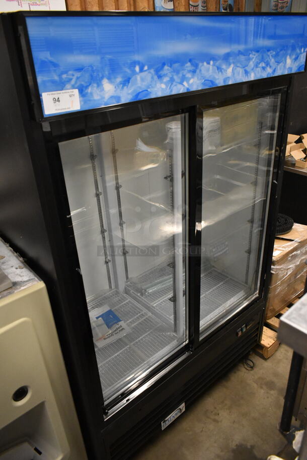 BRAND NEW SCRATCH AND DENT! 2024 Avantco 178GDS47HCB Metal Commercial Black Sliding Glass Door Merchandiser Refrigerator with LED Lighting and Poly Coated Racks on Commercial Casters. 115 Volts, 1 Phase. Tested and Working! - Image 2 of 7