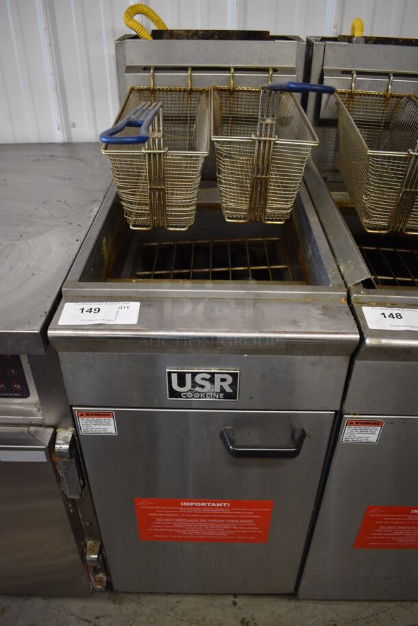 2019 USR Cookline CF-40 Stainless Steel Commercial Floor Style Natural Gas Powered Deep Fat Fryer w/ 2 Metal Fry Baskets on Commercial Casters. 90,000 BTU. 16x30x45