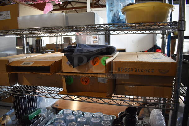 ALL ONE MONEY! Lot of Chrome Finish 5 Tier Shelving Unit on Commercial Casters w/ Contents Including Poly Beverage Tumblers, Coffee Urns, Mesh Baskets, Bus Bins, Utensils and Ceramic Mugs. BUYER MUST DISMANTLE. PCI CANNOT DISMANTLE FOR SHIPPING. PLEASE CONSIDER FREIGHT CHARGES. 48x18x75 - Image 2 of 12