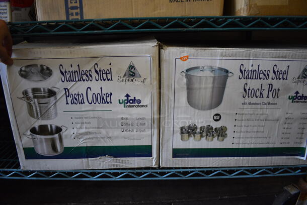 2 BRAND NEW IN BOX! Update Stainless Steel Items; Model SPS-24 24 Quart Stock Pot w/ Lid and Model SPSA-12 12 Quart Pasta Cooker w/ Lid. 2 Times Your Bid!
