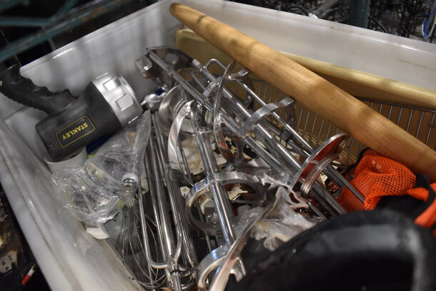 ALL ONE MONEY! Lot of Various Items Including Metal Ice Cream Machine Parts Including Auger and Drip Tray in White Poly Bin - Image 3 of 6