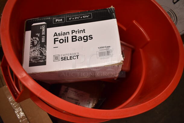 PALLET LOT of 23 BRAND NEW Boxes Including 150ASIANPINT Emperor's Select Chinese Pint Size Insulated Foil Bag - 1000/Case, 304FND109W Acopa Foundations 9" White Narrow Rim Melamine Plate - 12/Case, 3756620BP GET 6620-BP 20 oz. Blue Pepsi® SAN Plastic Pebbled Tumbler - 72/Case, Choice Pastry Bags, 471SPC100 Choice 20 13/16" Aluminum Pot / Pan Cover, 470M37015 Barfly M37015 12 3/8" Stainless Steel Bar Spoon with Fork End, 2 475TCRND44RD Lavex 44 Gallon Red Round Commercial Trash Can, 2 Box 127PL2 Choice PET Plastic Lid for 1.5 to 2.5 oz. Souffle Cup / Portion Cup - 2500/Case, 130PSVDISP4 Preserve 36007 Multi-Utensil Cutlery Dispenser, 17821313 Plate, 442CMTTW1044 Lavex 10" x 4" x 4" White Tuck Top Corrugated Mailer - 50/Bundle, 127RDTFLBULK Choice Microwavable Translucent Recessed Fit Deli Lid - 500/Case, 2 127RD16BULK Choice 16 oz. Microwavable Translucent Round Deli Container - 500/Case. 23 Times Your Bid! - Image 2 of 12
