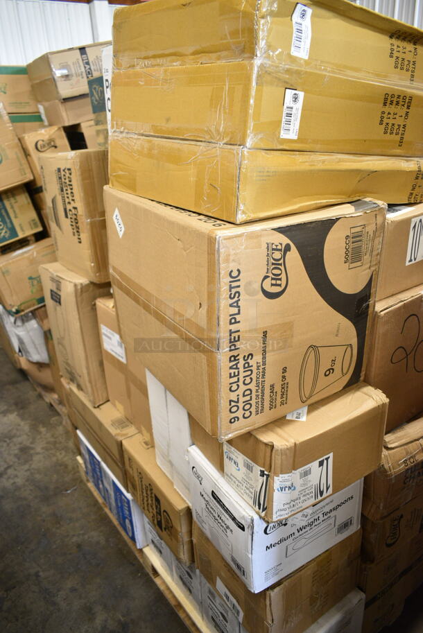 PALLET LOT of 40 BRAND NEW Boxes Including 66TALLFLDB 6" x 13" Dispenser Napkin, 394385L Disposable Latex Gloves for Foodservice, 129MCR38B Choice 38 oz. Black Round Microwavable Heavy Weight Container with Lid - 150/Case, 760IC08B Choice 8 oz. Blue Paper Frozen Yogurt / Food Cup - 1000/Case, 32130.0000 Air Pot, 2 Box 129MCS24B Choice 24 oz. Black Rectangular Microwavable Heavy Weight Container with Lid 8" x 5 1/4" x 2" - 150/Case, Choice 2 oz Portion Cup, 2 Box 3941083M Lavex Medium Gloves, 612LOB225LBC Choice 2.25 lb. Oblong Foil Take-Out Container with Board Lid - 250/Case, 4 Box 130SVSPN600 Visions 6 1/4" Flared Heavy Weight Silver Plastic Spoon - 600/Case, 130WSPOONWP White Spoon, Enjay White Embossed, 2 Box 129MCR38B Choice 38 oz. Black Round Microwavable Heavy Weight Container with Lid - 150/Case, 3 Box WTSB33 American Metalcraft WTSB33 31" Black Wood Folding Tray Stand with Black Straps, Enjay 10" White Embossed Plates, 500CC9 Choice 9 oz. Clear PET Customizable Plastic Squat Cold Cup - 1000/Case. 40 Times Your Bid! - Image 1 of 12