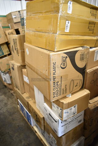 PALLET LOT of 40 BRAND NEW Boxes Including 66TALLFLDB 6" x 13" Dispenser Napkin, 394385L Disposable Latex Gloves for Foodservice, 129MCR38B Choice 38 oz. Black Round Microwavable Heavy Weight Container with Lid - 150/Case, 760IC08B Choice 8 oz. Blue Paper Frozen Yogurt / Food Cup - 1000/Case, 32130.0000 Air Pot, 2 Box 129MCS24B Choice 24 oz. Black Rectangular Microwavable Heavy Weight Container with Lid 8" x 5 1/4" x 2" - 150/Case, Choice 2 oz Portion Cup, 2 Box 3941083M Lavex Medium Gloves, 612LOB225LBC Choice 2.25 lb. Oblong Foil Take-Out Container with Board Lid - 250/Case, 4 Box 130SVSPN600 Visions 6 1/4" Flared Heavy Weight Silver Plastic Spoon - 600/Case, 130WSPOONWP White Spoon, Enjay White Embossed, 2 Box 129MCR38B Choice 38 oz. Black Round Microwavable Heavy Weight Container with Lid - 150/Case, 3 Box WTSB33 American Metalcraft WTSB33 31" Black Wood Folding Tray Stand with Black Straps, Enjay 10" White Embossed Plates, 500CC9 Choice 9 oz. Clear PET Customizable Plastic Squat Cold Cup - 1000/Case. 40 Times Your Bid!