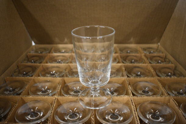 35 BRAND NEW IN BOX! Arcoroc Excalibur Footed Hi Ball Glasses. 2.75x2.75x5.25. 35 Times Your Bid!