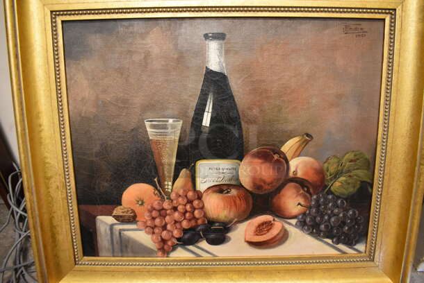 Framed Canvas Painting of Wine Bottle w/ Fruits on Table by J Weaver. Signed 1921 on the Top Right. From Art Dealer Ed Mero! - Image 2 of 7
