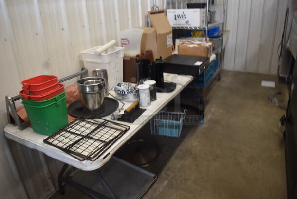 ALL ONE MONEY! Table and Floor Lot Including Chalkboard, Receipt Paper, Cash Drawer, Sanitizing Buckets, Hose, Lid, Sheet Pans and MORE! - Image 2 of 8
