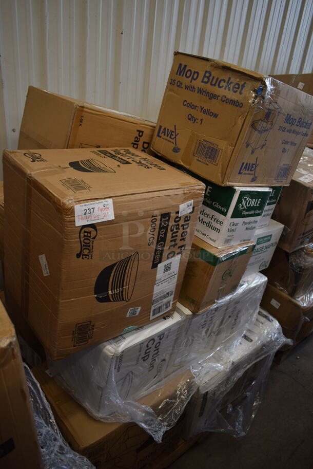 PALLET LOT of 21 BRAND NEW Boxes Including Choice Take Out Container, Tellus 433470 Bowls, 50012DWALLW Choice 12 oz. White Smooth Double Wall Paper Hot Cup - 500/Case, 760IC12G Choice 12 oz. Green Paper Frozen Yogurt / Food Cup - 1000/Case, 3 Box Choice 1.5 oz Portion Cups,  795PTOKFT1 Choice 4 5/8