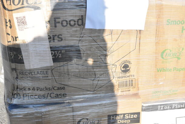 35 BRAND NEW Boxes Including 3 Box 5001BNAP Choice 1-Ply White Beverage / Cocktail Napkin - 4000/Case, 347TCL12 Choice 12 oz. Clear Disposable Plastic Tumbler - 500/Case, 795PTOKFT3 Choice Kraft Microwavable Folded Paper #3 Take-Out Container 7 3/4" x 5 1/2" x 2 1/2" - 200/Case, 50010DWALLWH Choice 10 oz. White Smooth Double Wall Paper Hot Cup, 395RP09 EcoChoice No PFAS Added Bamboo / Bagasse Blend 9" Plate - 500/Case, SN200-3L Genpak SN200-BK 9" x 9" x 3" Black Hinged Lid Foam Container - 200/Case, 2 Box 394365M Noble Products Powder-Free Disposable Clear Vinyl Gloves for Foodservice - Medium - 1000/Case, 795PTOWHT1 Choice White Microwavable Folded Paper #1 Take-Out Container 4 3/8" x 3 1/2" x 2 1/2" - 450/Case, 500TO993 Choice 9" x 9" x 3" Microwavable 1-Compartment Black / Clear Plastic Hinged Container - 100/Case, 5004C Choice 4 oz. Coffee Print Poly Paper Hot Cup - 1000/Case, 2 Box 129MCR24B Choice 24 oz. Black Round Microwavable Heavy Weight Container with Lid 7 1/4" - 150/Case, 347TCL12 Choice 12 oz. Clear Disposable Plastic Tumbler - 500/Case. 35 Times Your Bid!  - Image 5 of 12