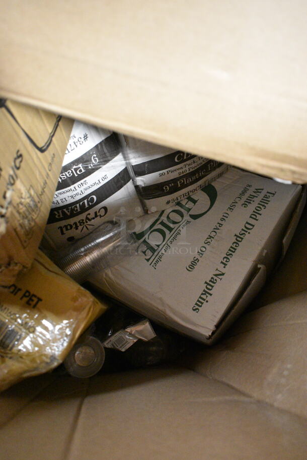 PALLET LOT of 13 BRAND NEW Boxes Including 433NHT006 Choice Extra Large Size Grey "Thank You" Medium-Duty Plastic T-Shirt Bag - 450/Case, 127PL400 Choice Portion Cup Lids, 127DM16COMBO 6 oz. Ultra Clear Recycled PET Plastic Round Deli Container Lid Combo, Choice Clear 9" Plastic Plates. 13 Times Your Bid! - Image 7 of 10