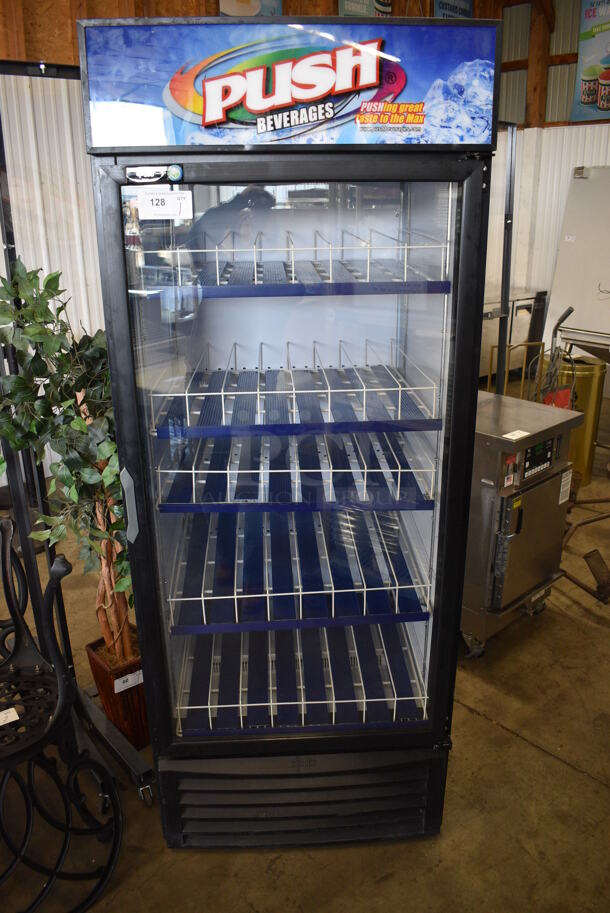 QBD Model CD26-HC Metal Commercial Single Door Reach In Cooler Merchandiser w/ Poly Coated Racks. 115 Volts, 1 Phase. 30x30x79. Tested and Working!