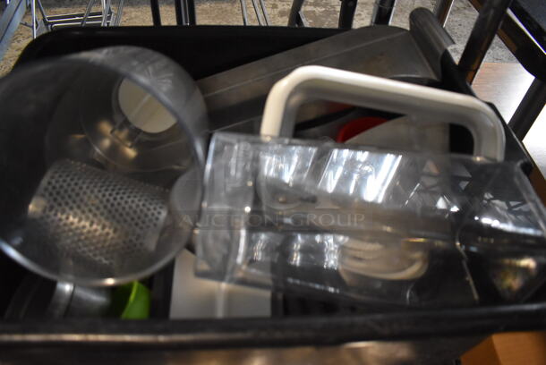 ALL ONE MONEY! Lot of Chrome Finish 3 Tier Shelving Unit on Commercial Casters w/ Contents Including Ceramic Dishes, Silverware and Poly Bins. BUYER MUST DISMANTLE. PCI CANNOT DISMANTLE FOR SHIPPING. PLEASE CONSIDER FREIGHT CHARGES. 24x24x68 - Image 10 of 11