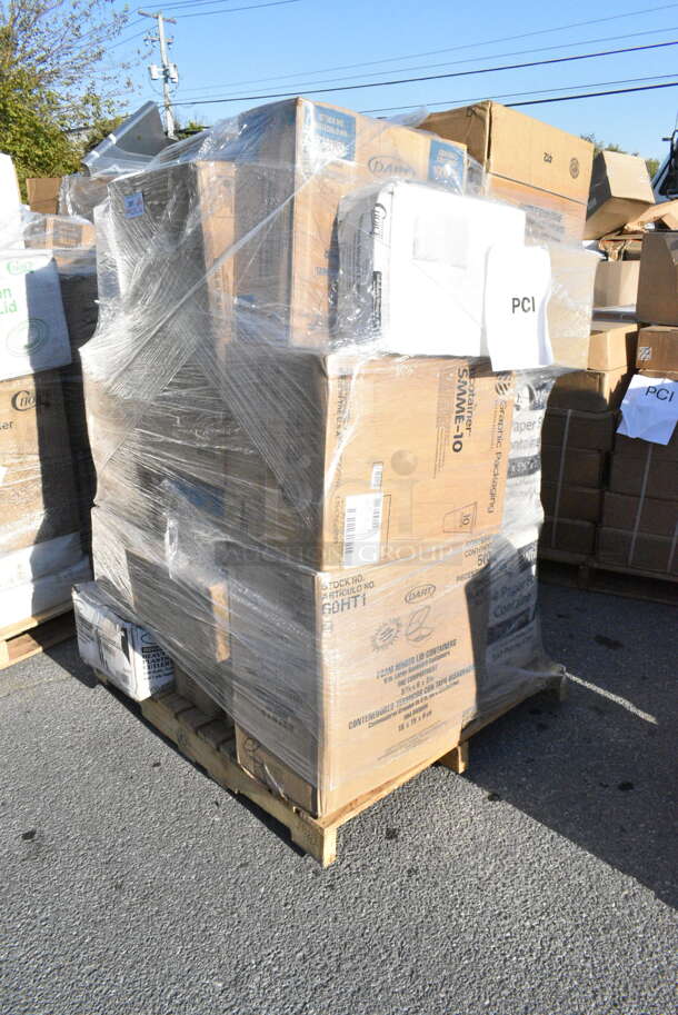 26 BRAND NEW Boxes Including Dart 60HT1 White Foam Hinged Lid Container 6" x 6" x 3" - 500/Case, 346WSNM Choice Medium Weight White Wrapped Plastic Spork and Napkin Kit - 1000/Case, Solo 626NSL Prima PET Plastic Cold Cup Strawless Lid - 1000/Case, 433NHT202 Choice 1/5 Large Size Black "Thank You" Script Heavy-Duty Plastic T-Shirt Bag - 400/Case, 5001RT800N Lavex 8" Natural Kraft Hardwound Paper Towel, 800 Feet / Roll - 6/Case, 2 Box 129MCS28B Choice 28 oz. Black Rectangular Microwavable Heavy Weight Container with Lid 8 3/4" x 6 1/4" x 1 3/4" - 150/Case, 500CC20 Choice Clear PET Customizable Plastic Cold Cup - 20 oz. - 600/Case, 5002WRAPNAP Choice WrapNap White 1/4 Fold 2-Ply Dinner Napkin 16" x 16" - 3000/Case, 500CC20 Choice Clear PET Customizable Plastic Cold Cup - 20 oz. - 600/Case, 795PTOWHT4 Choice White Microwavable Folded Paper #4 Take-Out Container 7 3/4" x 5 1/2" x 3 1/2" - 160/Case, Dart 95HT1R 9 1/2" x 9" x 3" White Foam Square Take Out Container with Hinged Lid, 130ROLLKFSGC Visions 18" x 15 1/2" Pre-Rolled Linen-Feel White Napkin and Classic Heavy Weight Gold Plastic Cutlery Set - 100/Case, 500CC24PLA EcoChoice 24 oz. PLA Compostable Plastic Cold Cup - 600/Case, 795PTOWHT4 Choice White Microwavable Folded Paper #4 Take-Out Container 7 3/4" x 5 1/2" x 3 1/2" - 160/Case. 26 Times Your Bid!  - Image 1 of 12