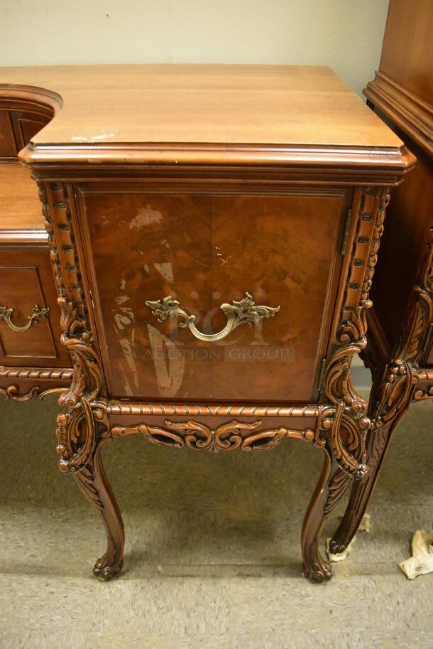 Ornate Hard Wood Victorian Style Writing Spinet Desk w/ 5 Drawers and 2 Cabinets. - Image 8 of 10
