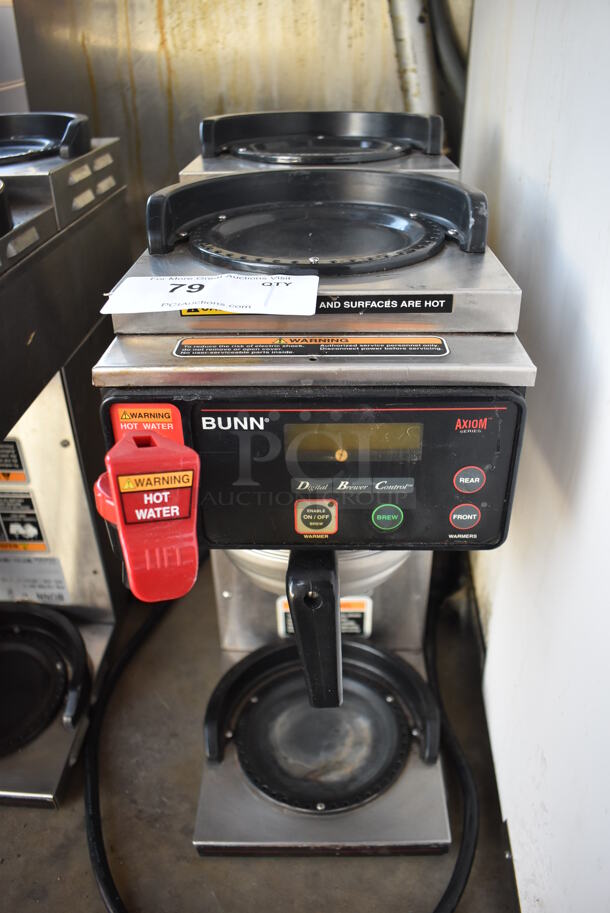 2010 Bunn AXIOM-DV-3 Stainless Steel Commercial Countertop 3 Burner Coffee Machine w/ Hot Water Dispenser and Metal Brew Basket. 120/208-240 Volts, 1 Phase. 8.5x21x21