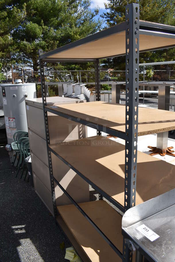 Metal and Wood Pattern 5 Tier Shelving Unit. BUYER MUST DISMANTLE. PCI CANNOT DISMANTLE FOR SHIPPING. PLEASE CONSIDER FREIGHT CHARGES. 48x25x72 - Image 1 of 6