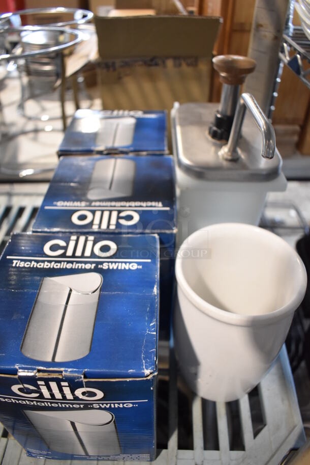 ALL ONE MONEY! Lot of Contents of Shelving Unit Including Silverware, Racks, Pump, Glass Dome Cover, Poly Bins. Does Not Include Shelving Unit. - Image 8 of 12